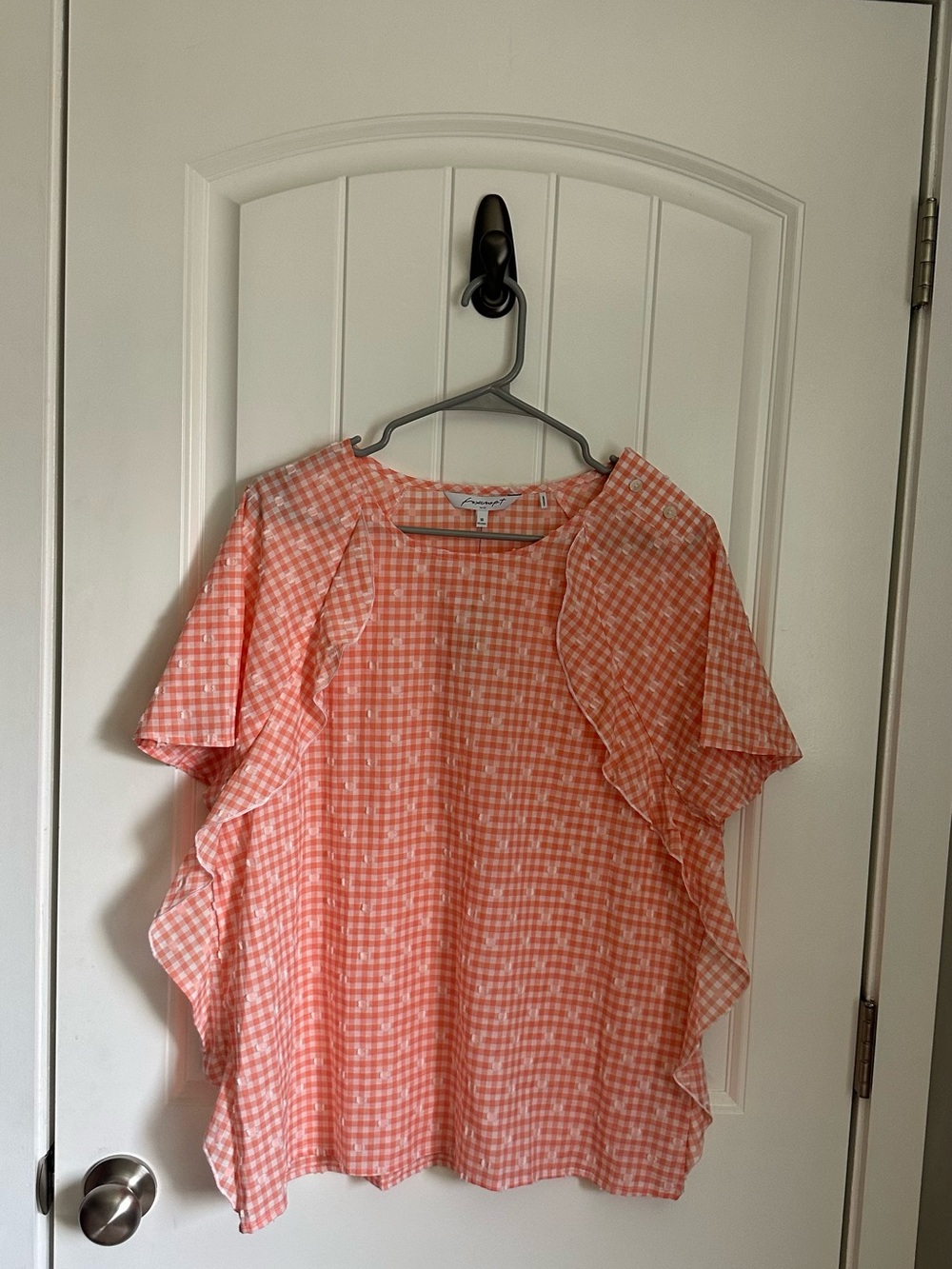 Foxcroft Angela Gingham Blouse 10 NWT Peach Sorbet 100% Cotton Ruffle Top Shirt